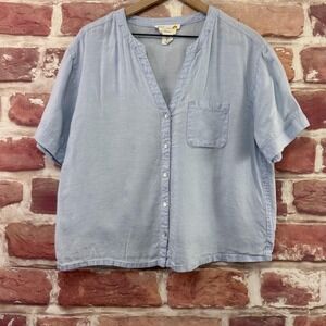 C&C California Top Women's L Blue Linen Coastal Beachy Button Up Casual Shirt